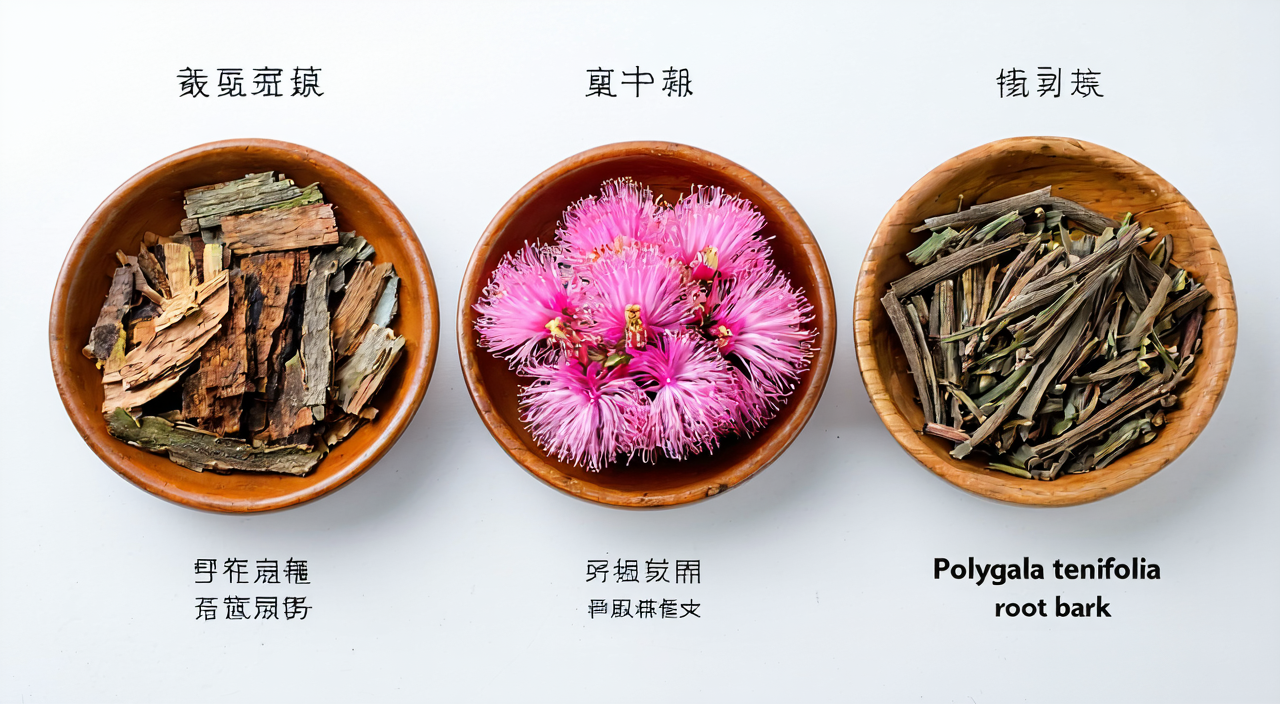 合欢皮、合欢花、远志药材对比