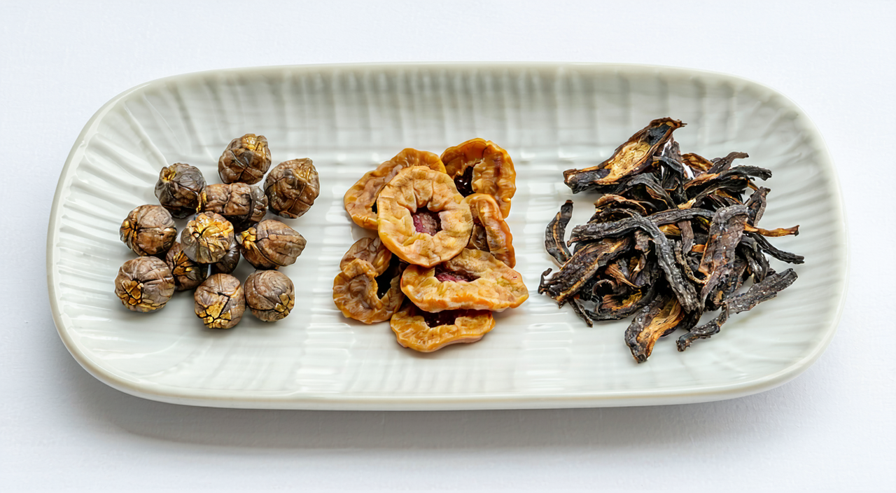 三种诃子饮片:带核、去核和煨诃子