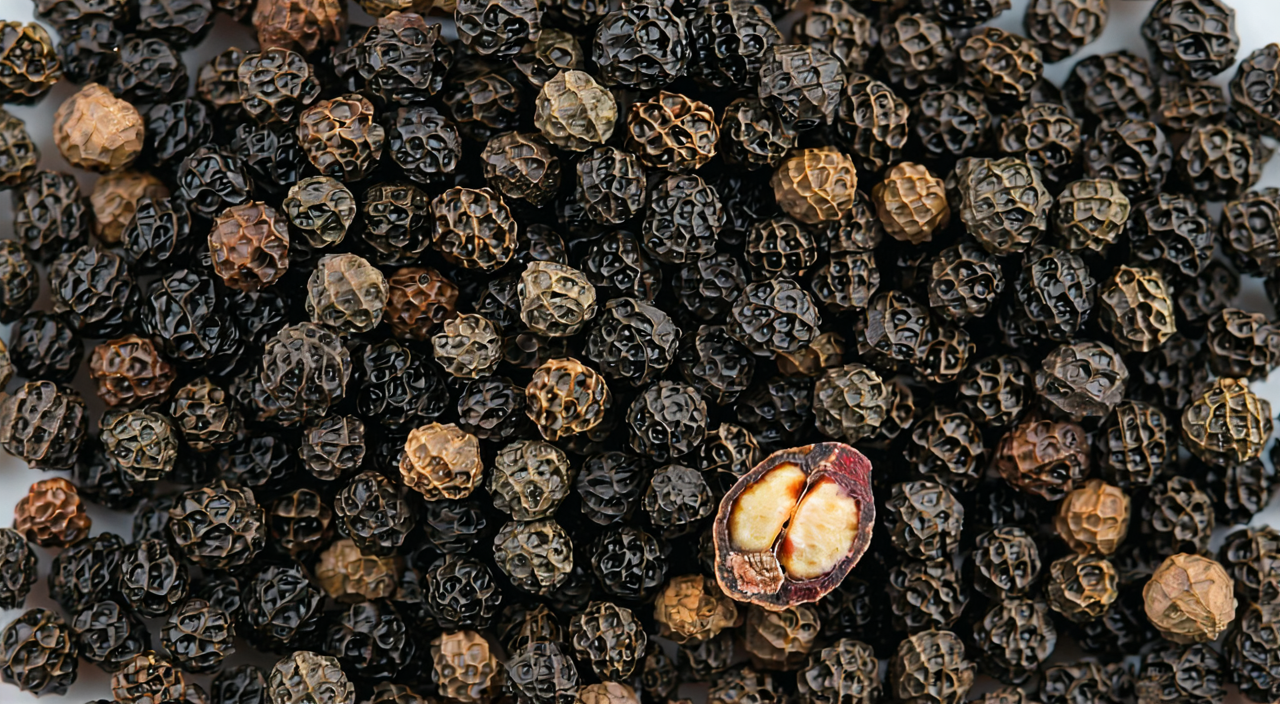 Close-up of black pepper fruits showing wrinkled surface