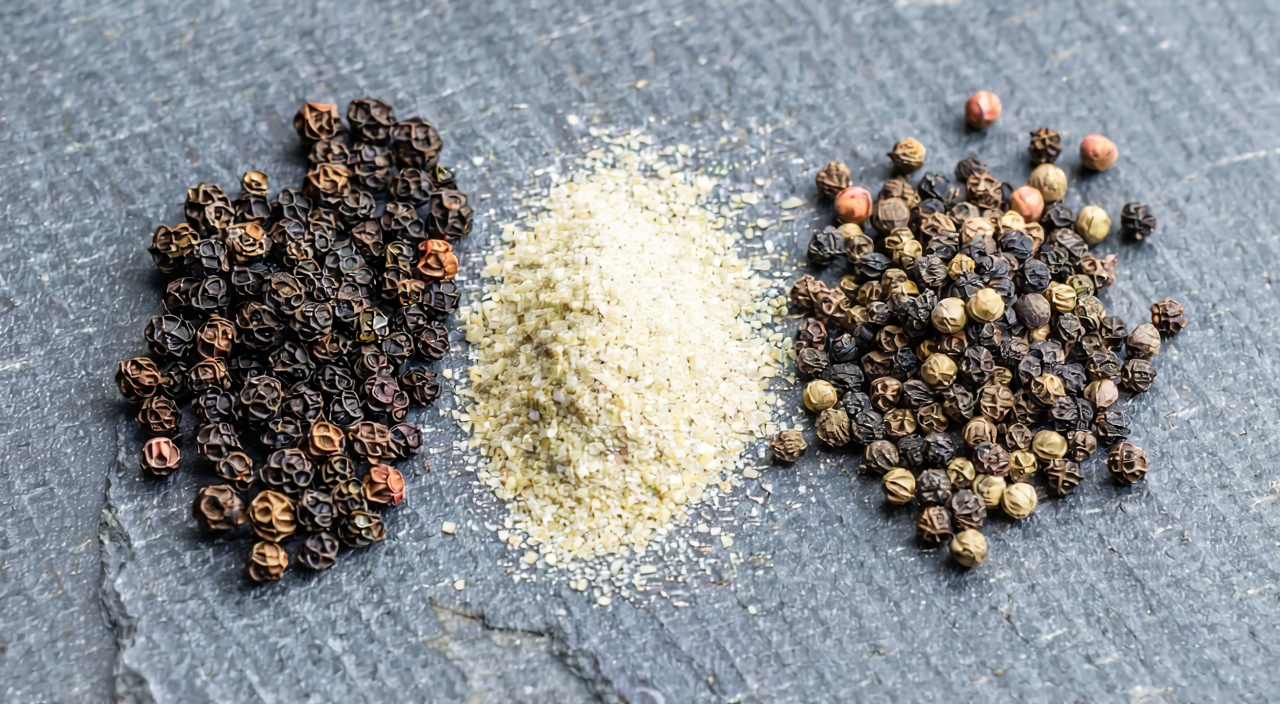 Comparison of black pepper, white pepper, and Sichuan pepper
