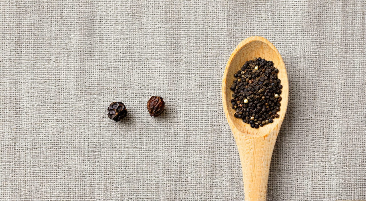 A small amount of ground pepper in a ceramic spoon, indicating moderate use