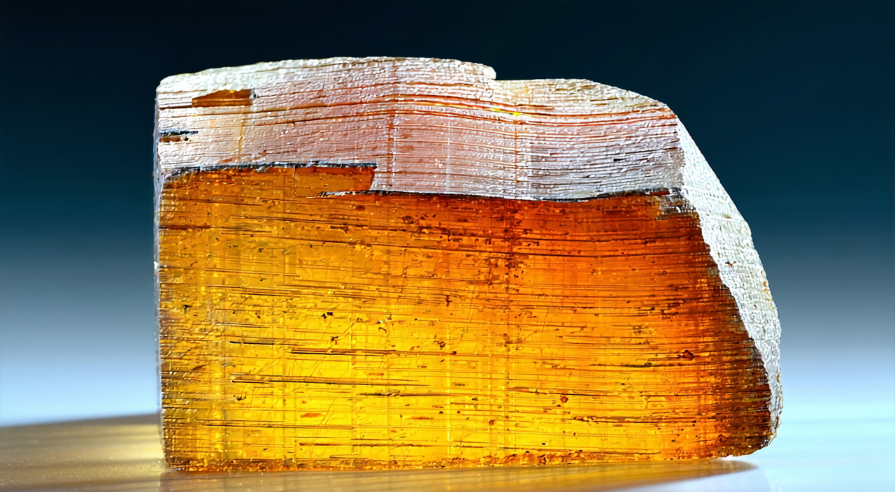 An irregular block of medicinal amber, yellowish-brown, translucent, with a resinous luster on the surface.