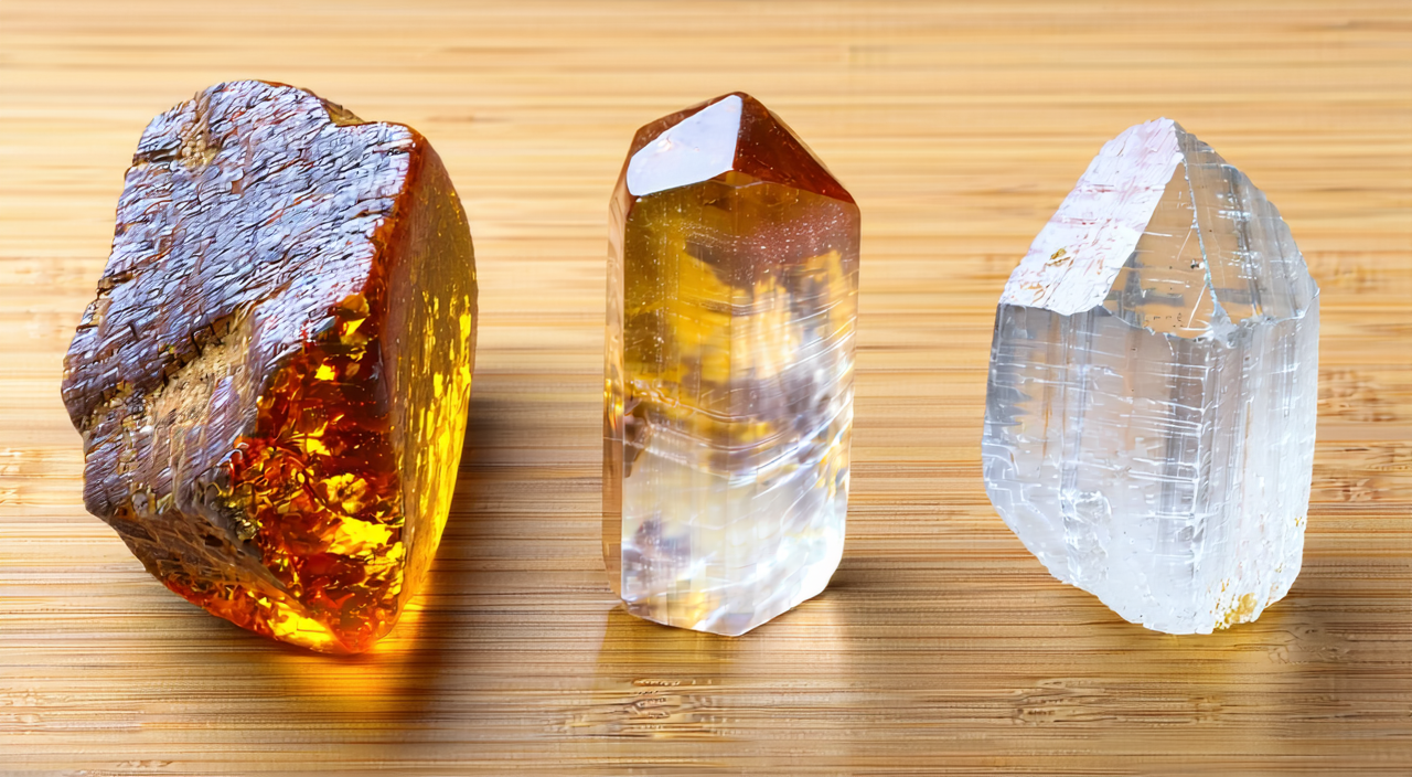 Three sample comparisons: rough medicinal amber, polished jewelry amber, and rosin, showing differences in texture and transparency.
