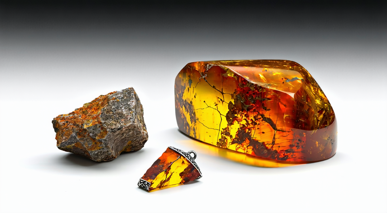 A comparison of genuine amber with dyed fake amber and jewelry fragments, reminding caution in usage safety.