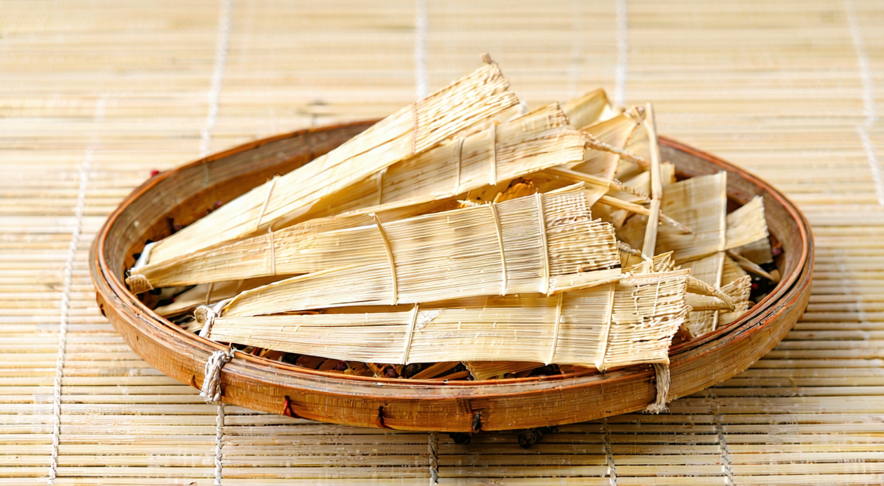 已去除种子的干净花椒果皮置于竹盘中