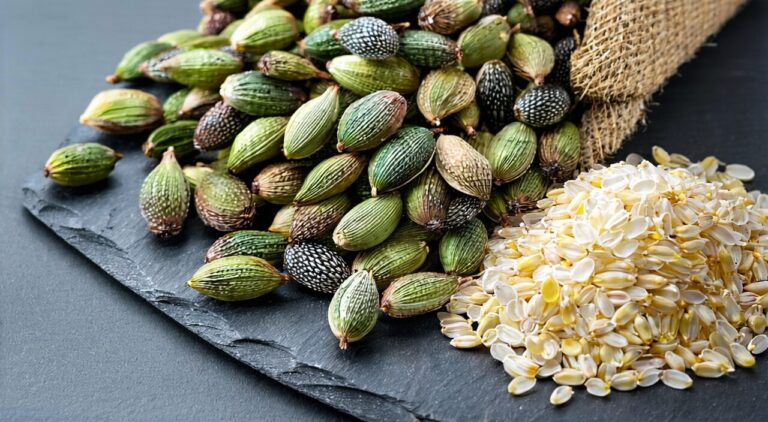 Whole hemp fruits and white seed kernels