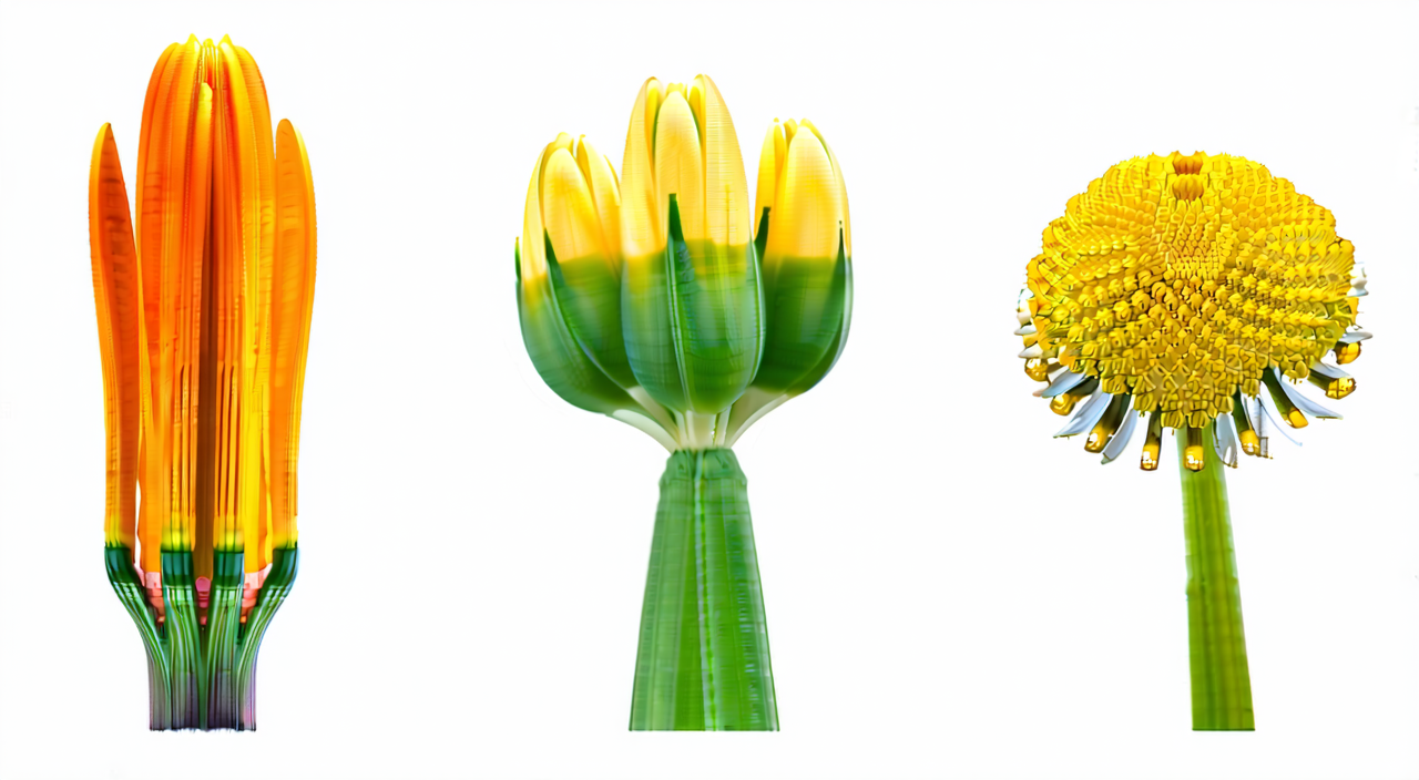 金莲花、金银花花蕾与菊花头状花序的形态对比