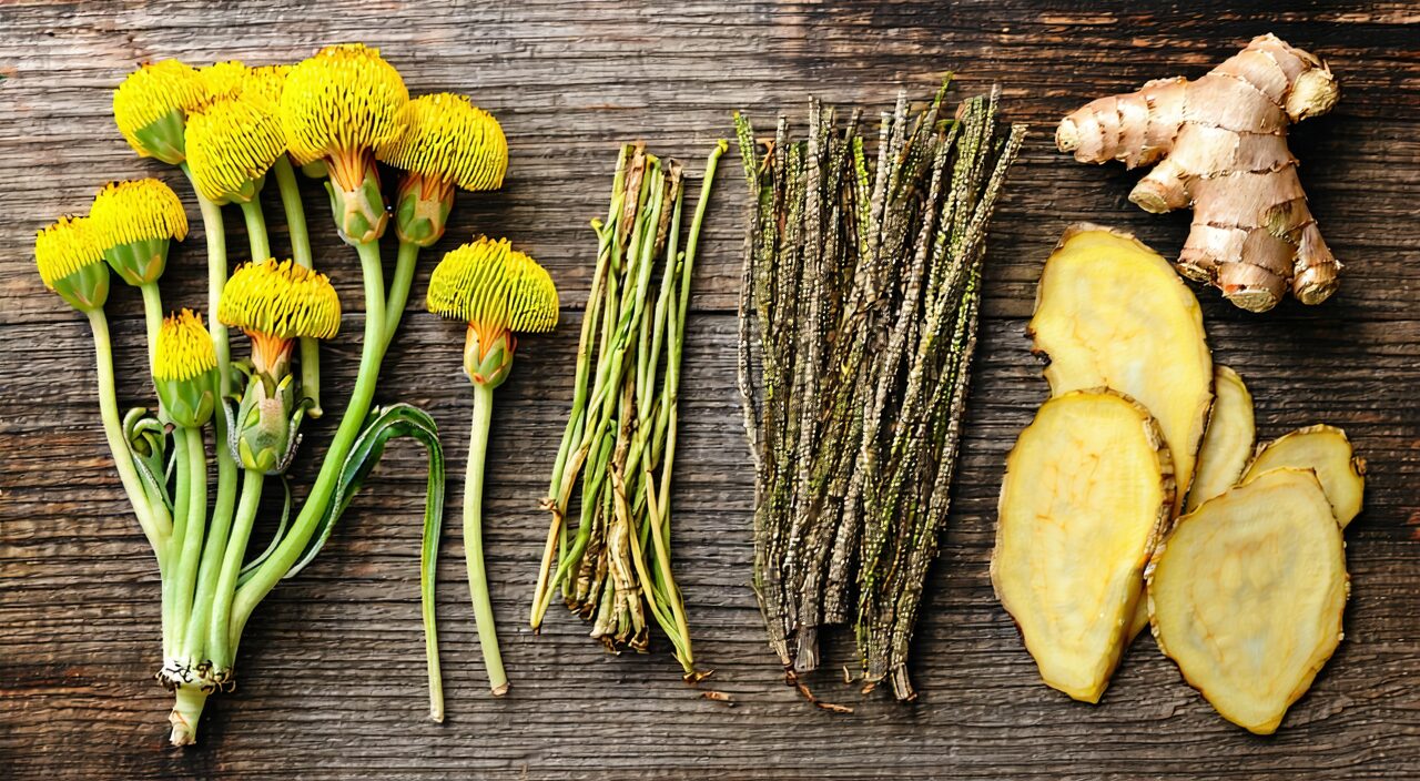 Combination of medicinal herbs paired with coltsfoot flower