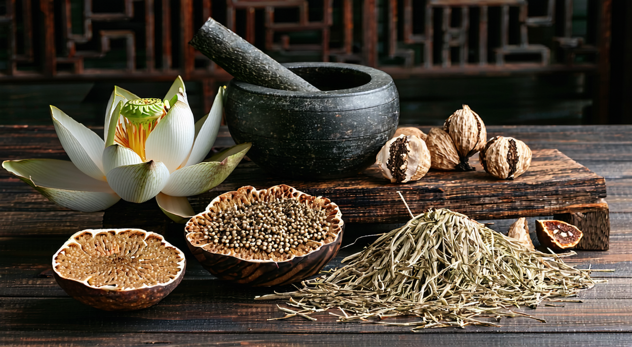 Illustration of lotus seeds combined with poria, Chinese yam, and other herbs