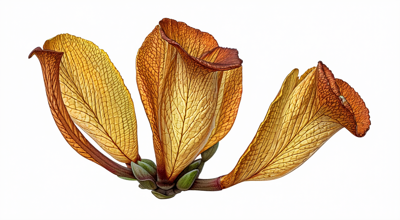 Dried Lingxiao flower, showing funnel-shaped corolla and longitudinal veins on calyx