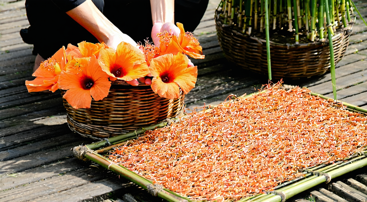 Traditional processing scene of harvesting and drying Lingxiao flowers