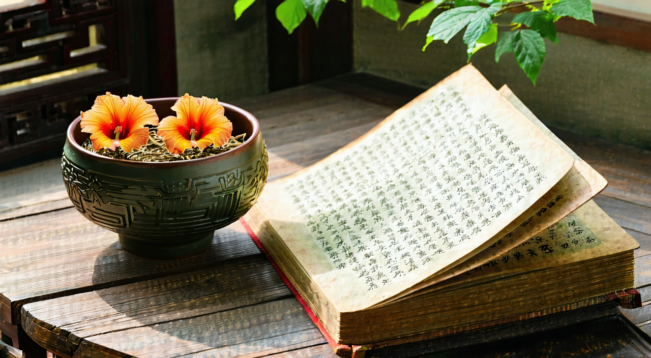 Conceptual image of Lingxiao flower and classical formula texts on a traditional Chinese medicine desk