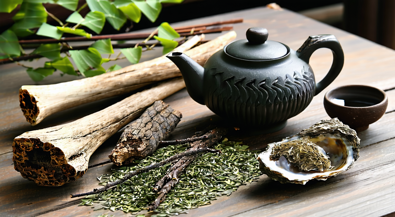含龙骨常用方剂中用到的部分药材和煎煮器皿,营造传统氛围。