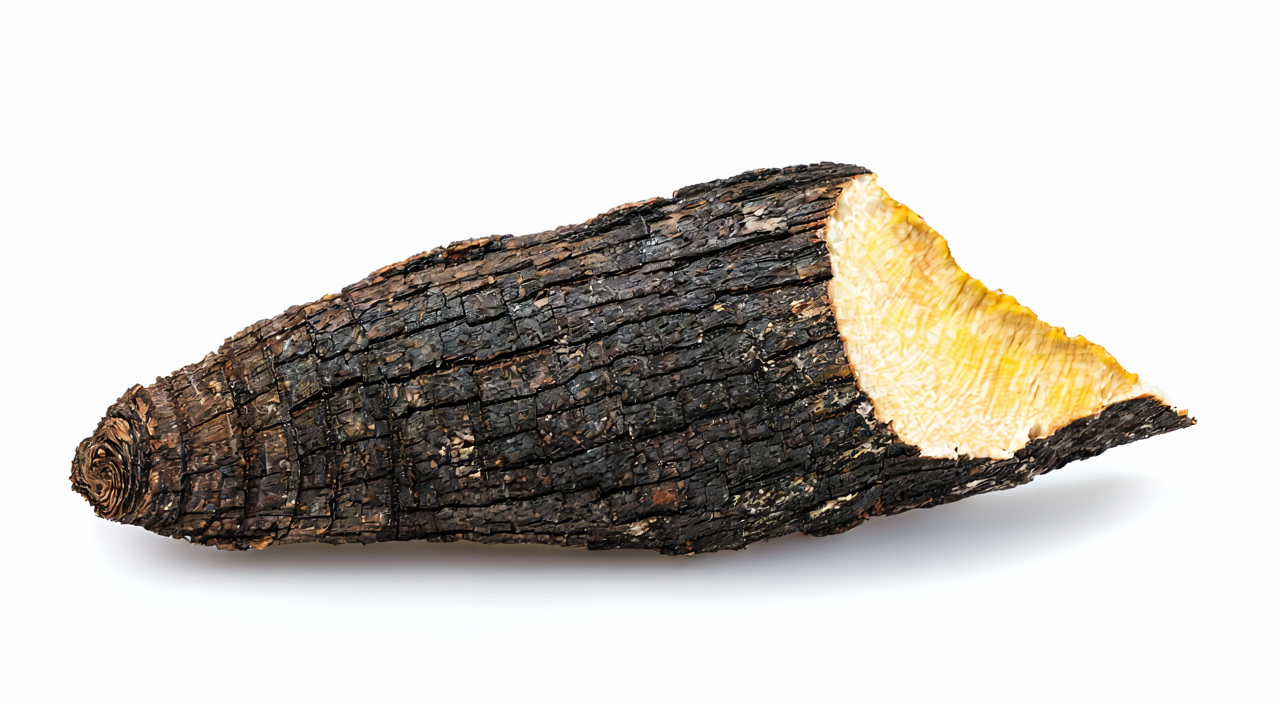 Lou Lu root with a dark brown surface, longitudinal grooves, and a yellowish-white cross-section