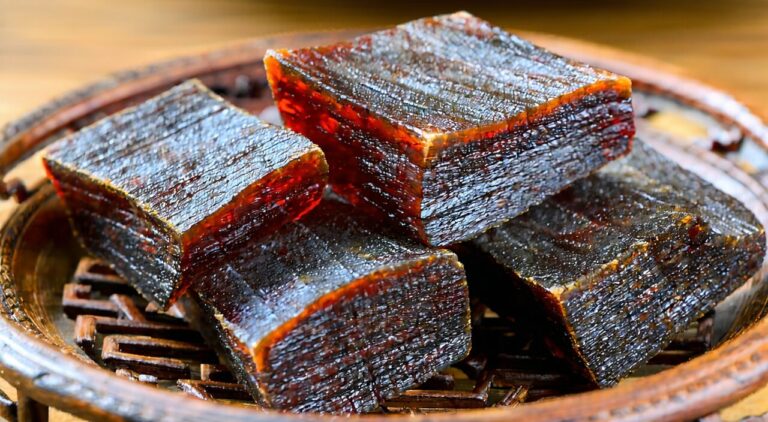 Dried aloe vera pieces used in Traditional Chinese Medicine, dark reddish-brown, with a glassy luster on the cut surface.