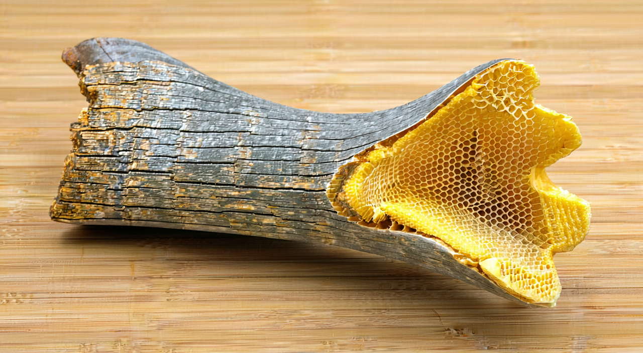 Deer antler branches and honeycomb-like bony structure at the saw cut