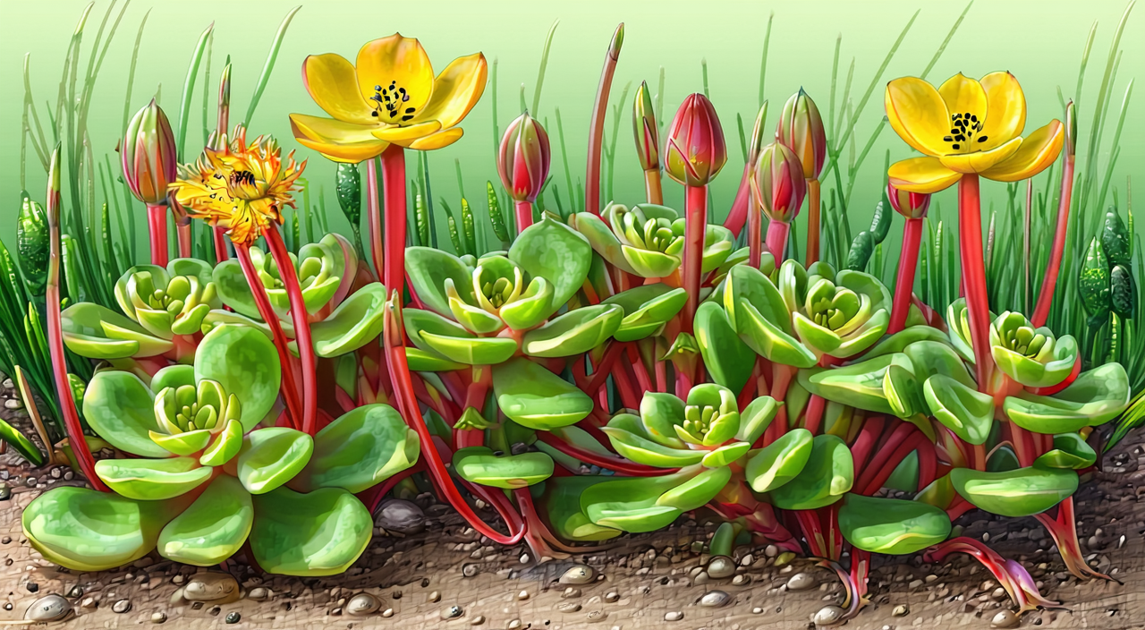 Purslane's reddish-brown succulent stems and thick leaves
