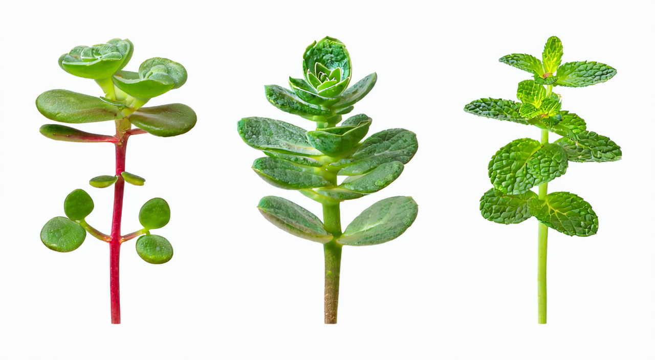 Appearance differences between purslane, spotted spurge, and fish mint