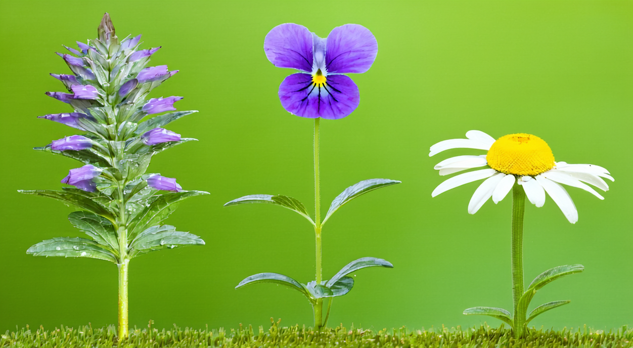 Comparison of the plant forms of Ma Lan Cao, violet viola, and chrysanthemum