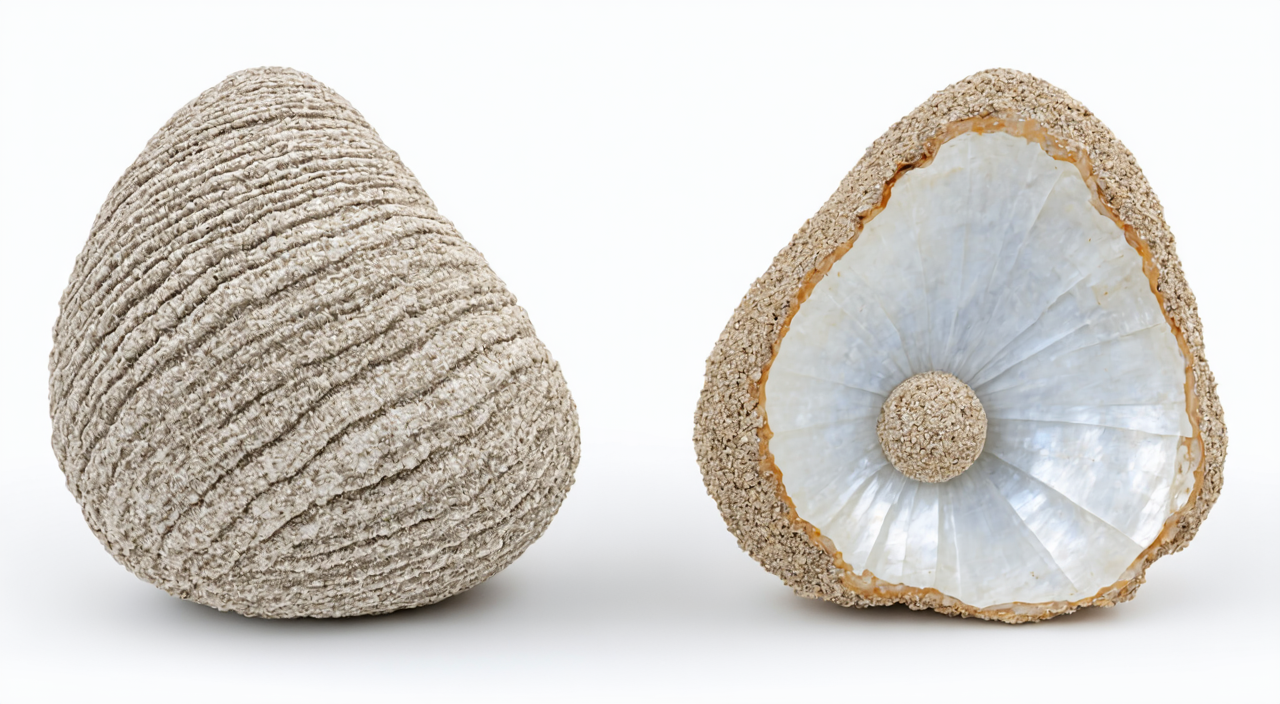 Comparison of raw and calcined oyster shell: thick layered shell, growth lines, and calcined powder