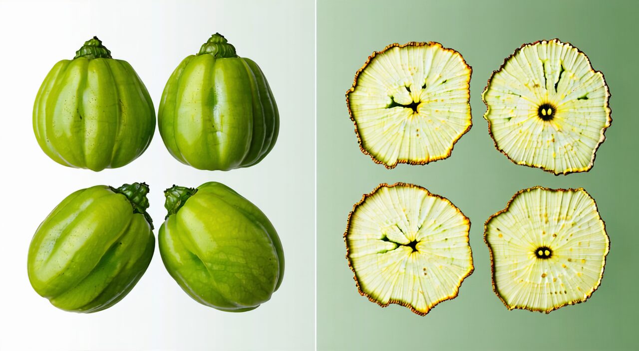 Comparison between unripe green tangerine fruit and processed Qing Pi medicinal material.