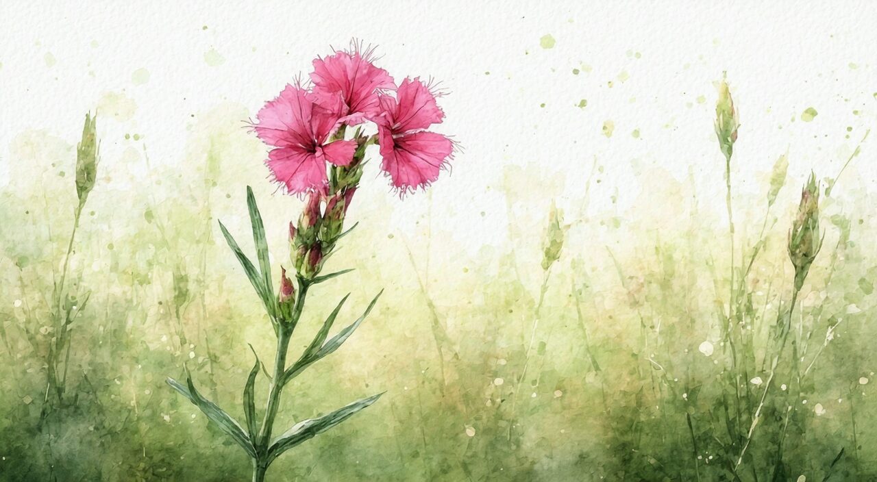 瞿麦开花植株形态示意,展示线形对生叶与细长花萼筒