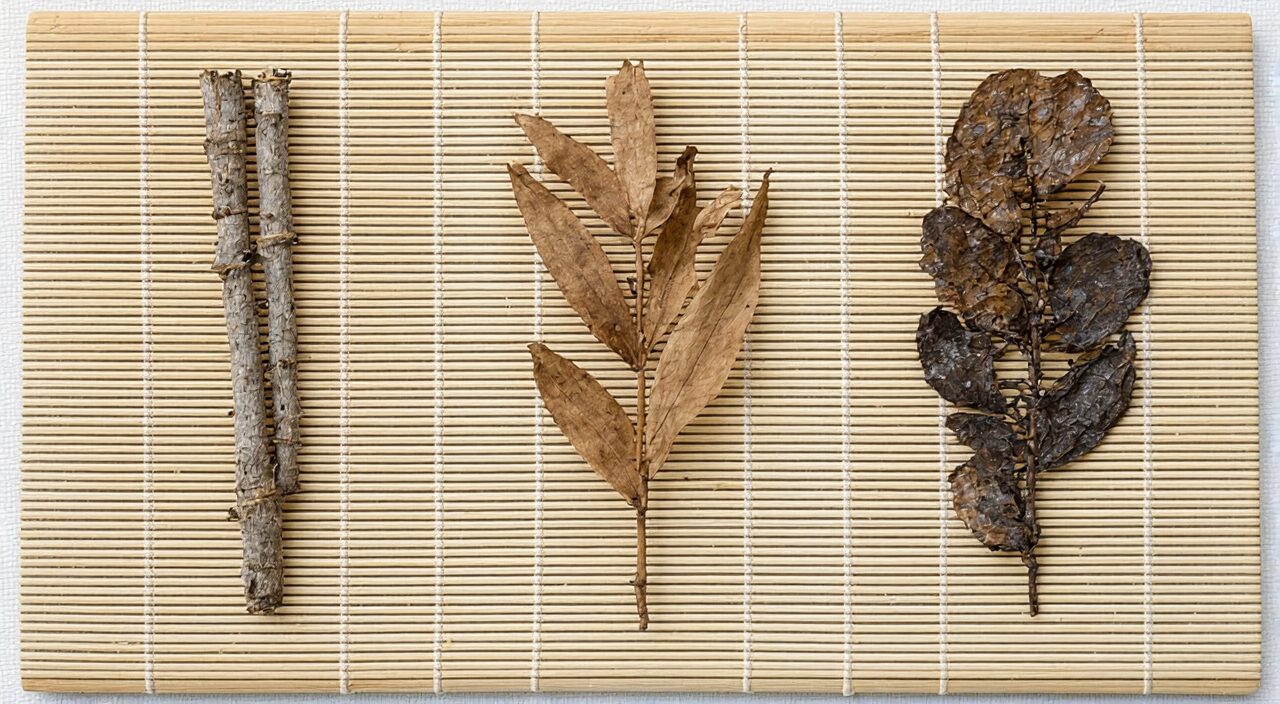 瞿麦、萹蓄、石韦药材并列对比图,叶片形态与部位特征差异明显