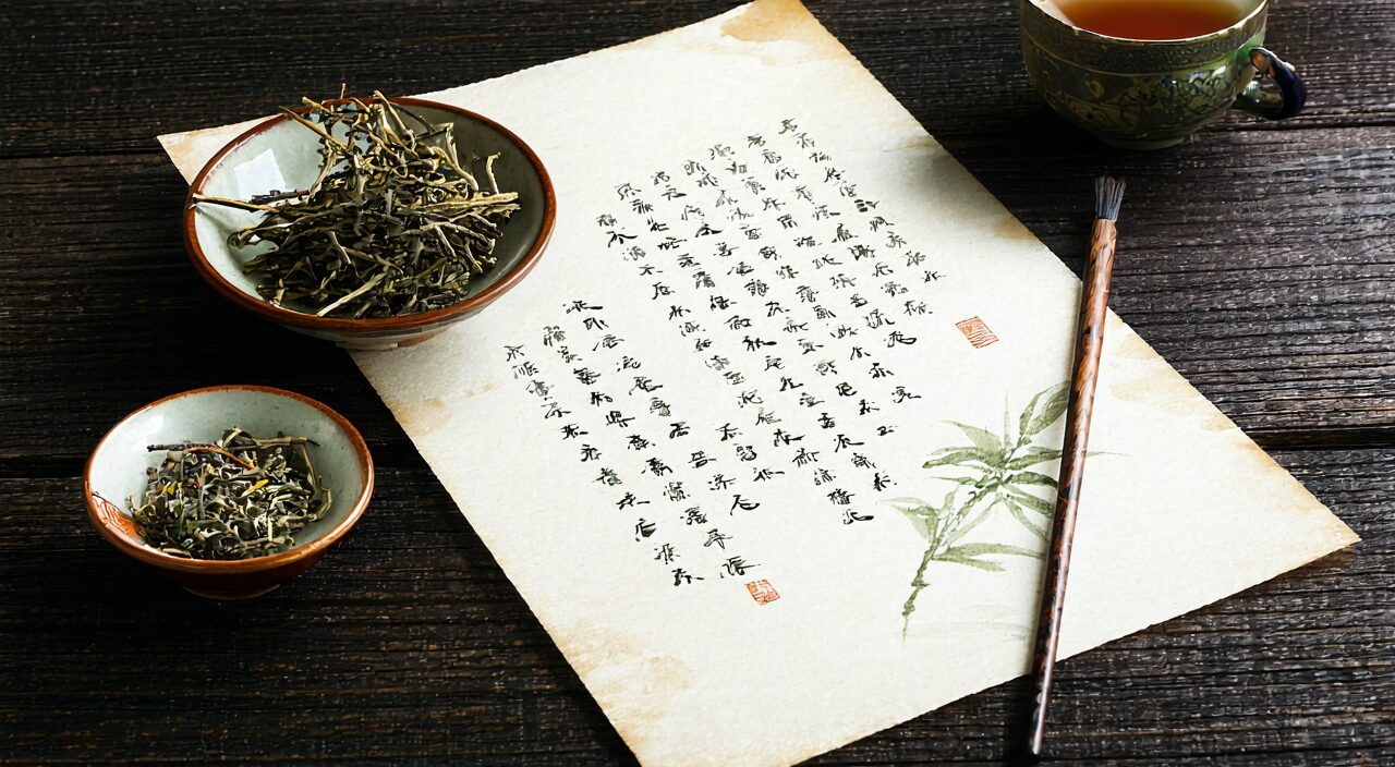 瞿麦相关方剂的传统氛围意象,包括草药、笔墨与清茶