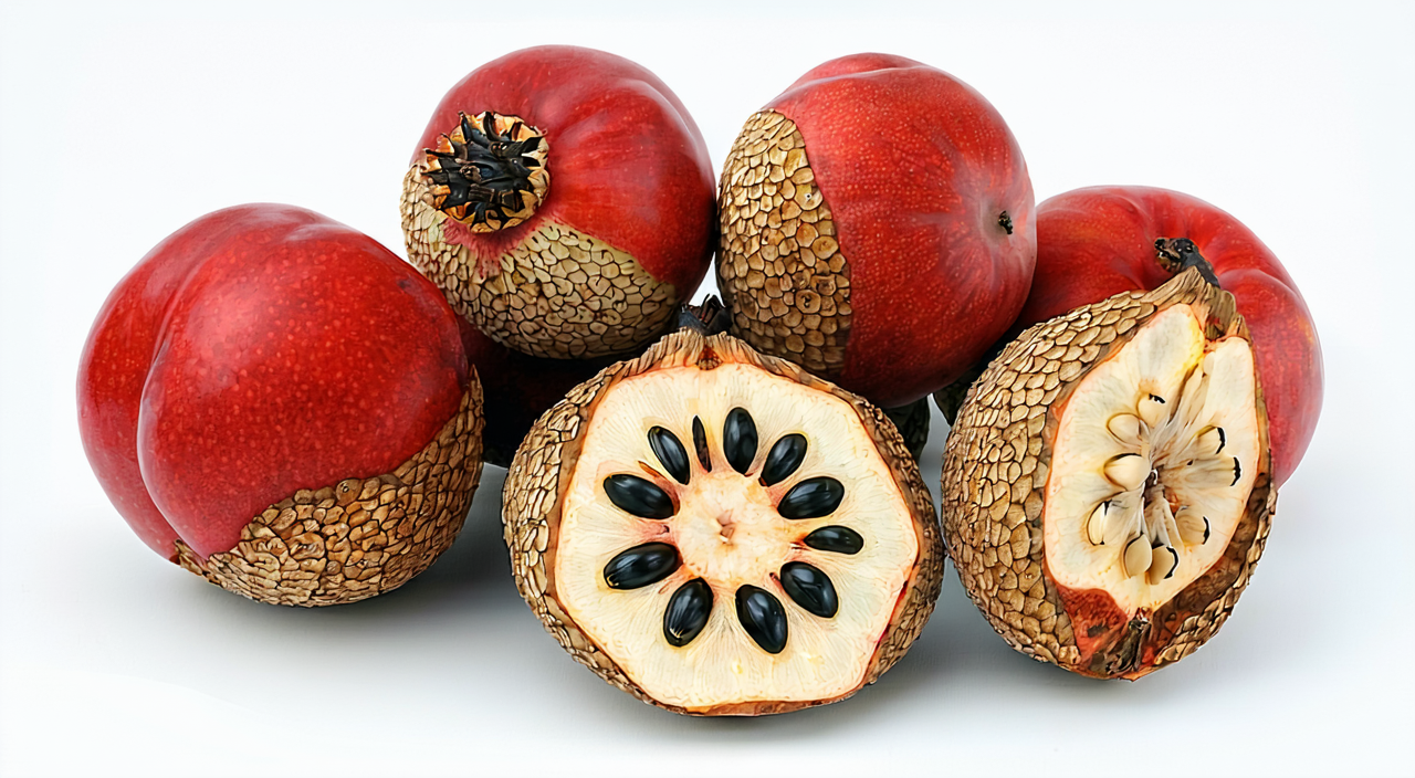 Hawthorn fruit and cross-section, showing the reddish-brown peel, speckles and arrangement of seeds in the centre.