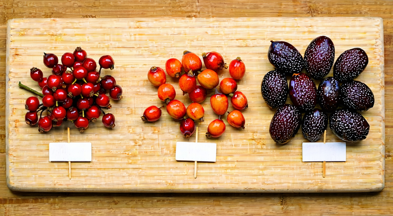 A comparison display of hawthorn, wild hawthorn and smoked plum, showing differences in size and colour.