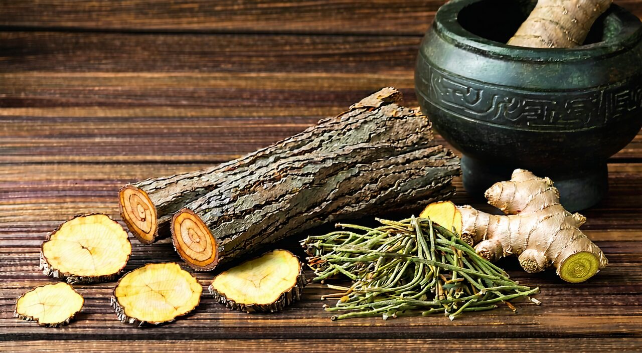 Arrangement of She Gan, Ephedra, Aster, Fresh Ginger, and other herbs