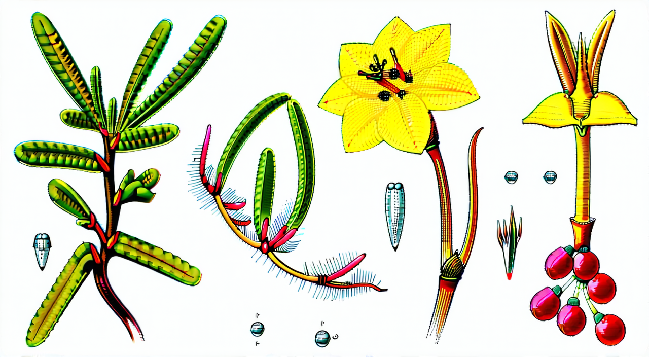 Illustration showing the creeping stems, trifoliate leaves, yellow flowers, and red aggregate fruits of snakeberry