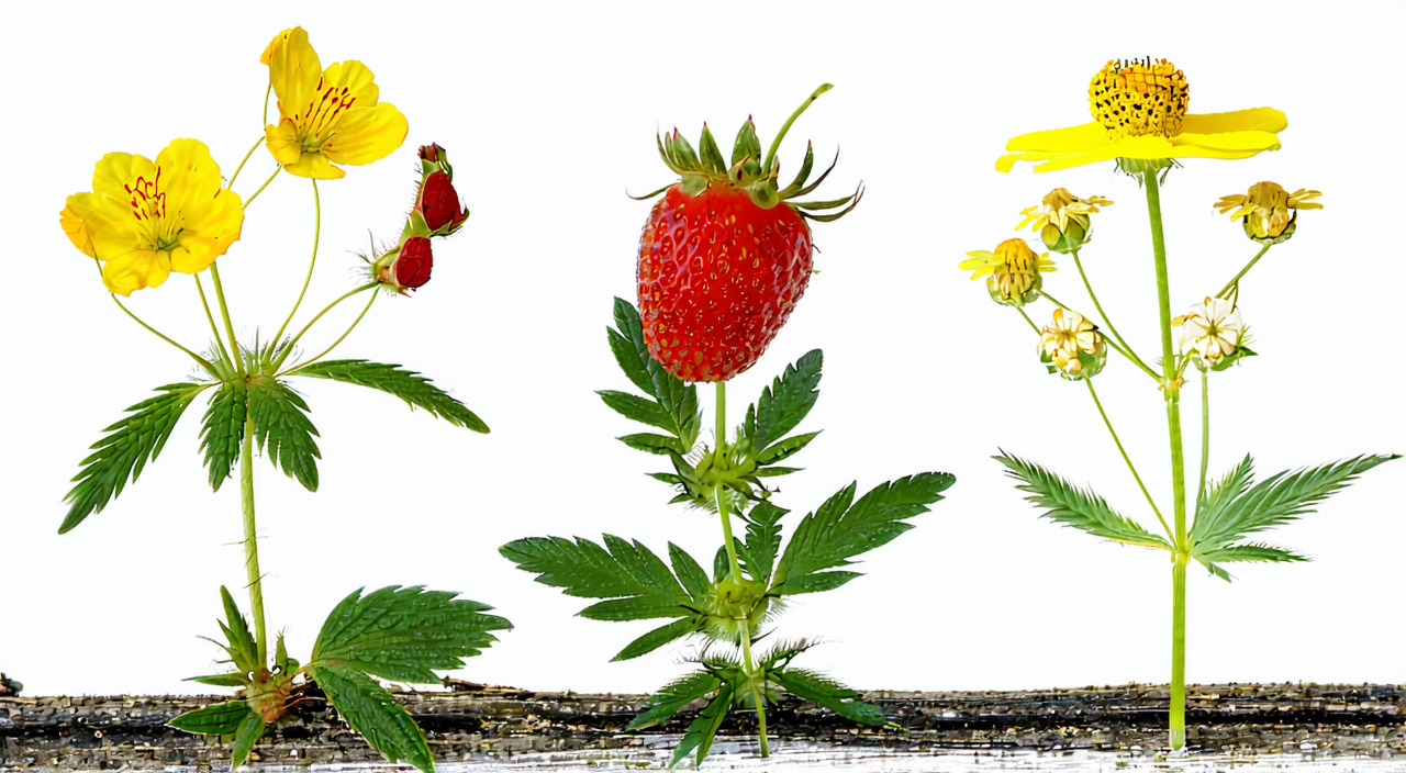Comparison of the flowers, leaves, and fruits of snakeberry, wild strawberries, and potentilla