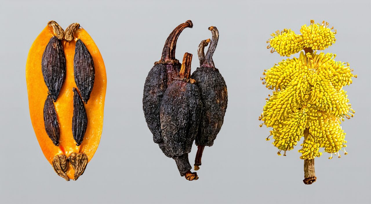 Comparison of dried forms of Shi Di, clove, and Inula flower
