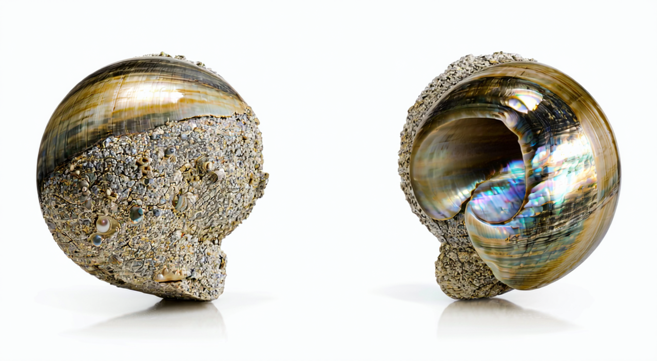 Comparison of the rough outer surface and the inner pearl-like luster of Shi Jue Ming shell