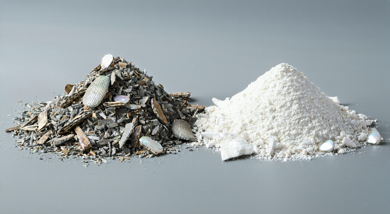 Comparison of raw Shi Jue Ming fragments and the white, porous texture of calcined Shi Jue Ming