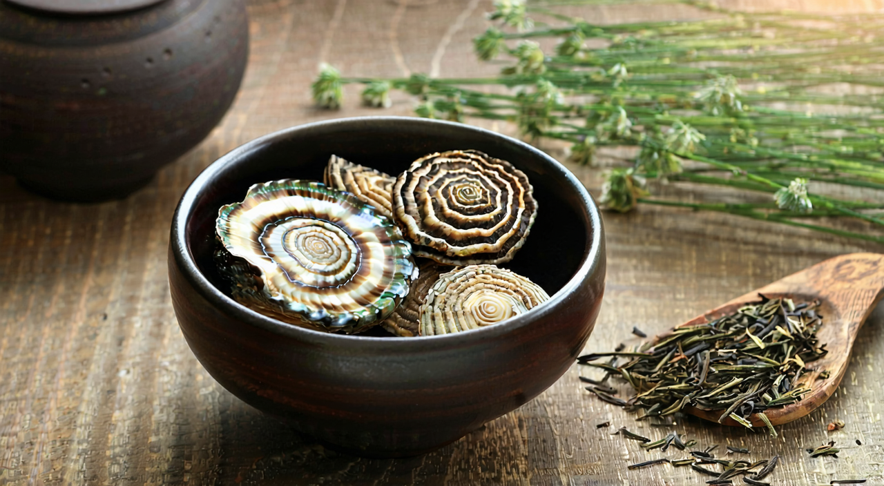 Traditional formula imagery of Shi Jue Ming paired with herbs such as Gastrodia and Chrysanthemum