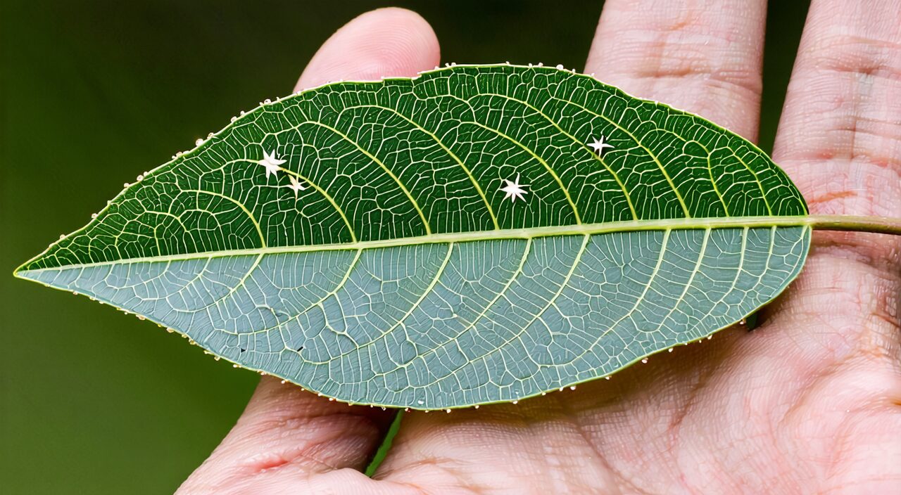 Lance-shaped Shiwei leaf showing stellate hairs on the underside