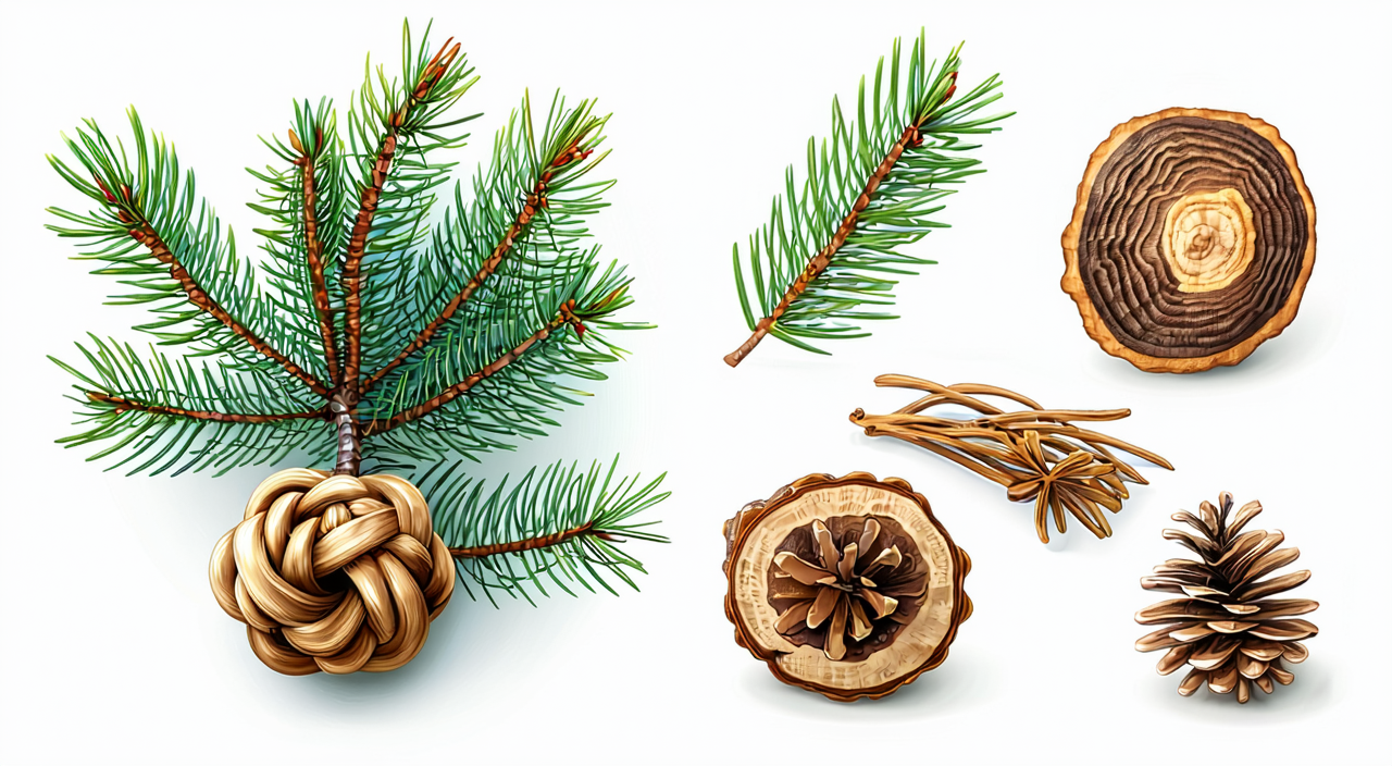 Pine trunk and branch knots illustrating the medicinal part of pine knot
