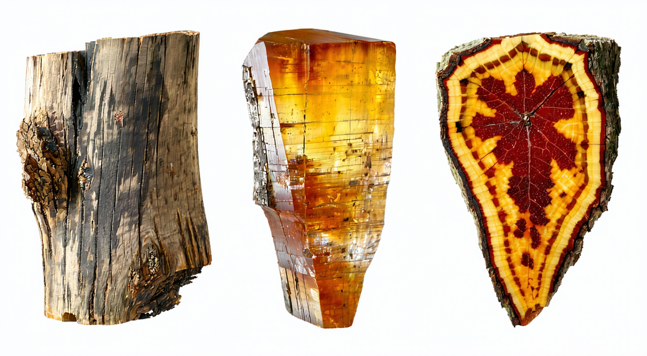 Comparison of the materials and appearances of pine knot, pine rosin, and sappanwood