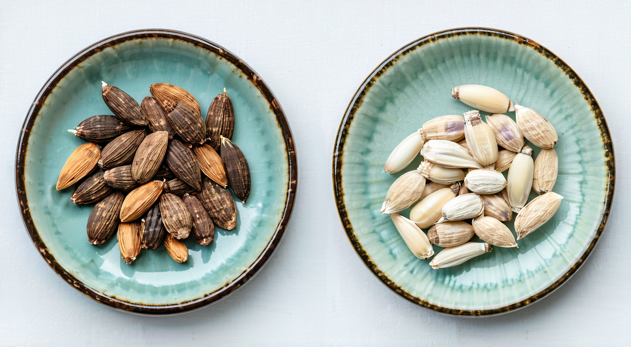 Comparison between peach kernel and blanched peach kernel
