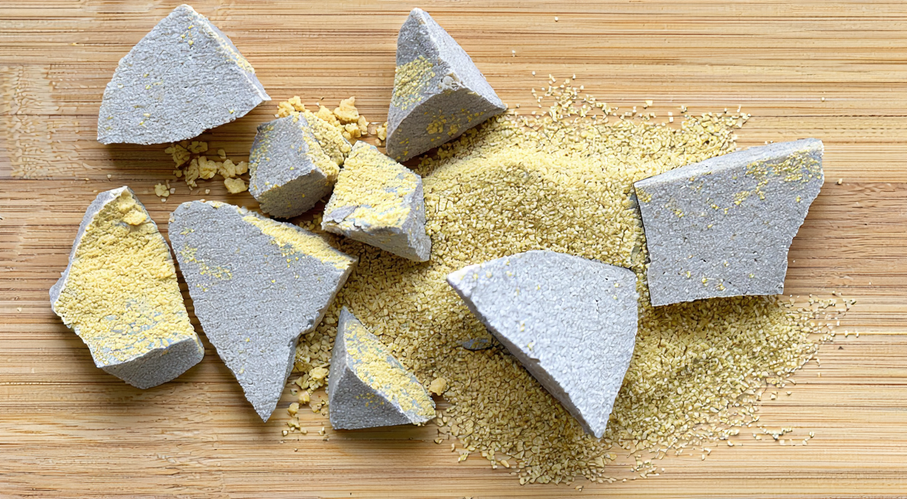 Irregular block-like appearance and powdery fracture surface of Tianzhu Huang