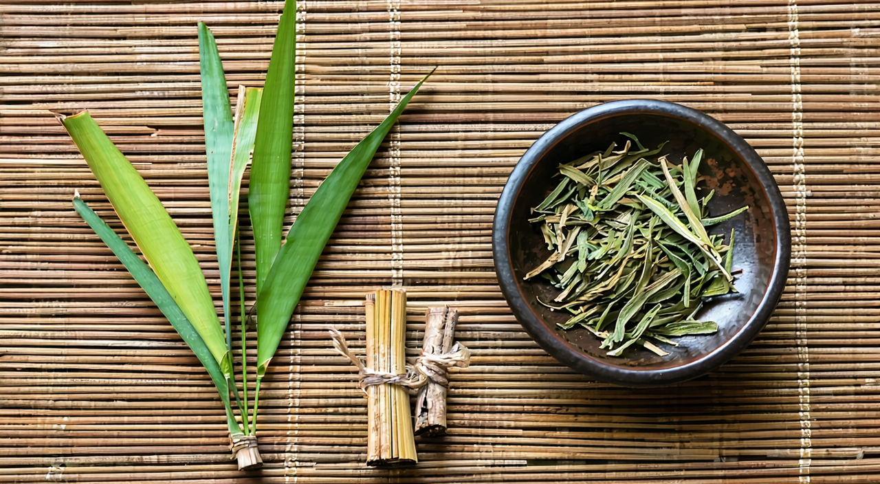 Traditional herbal medicine educational scene featuring Tianzhu Huang and bamboo plants