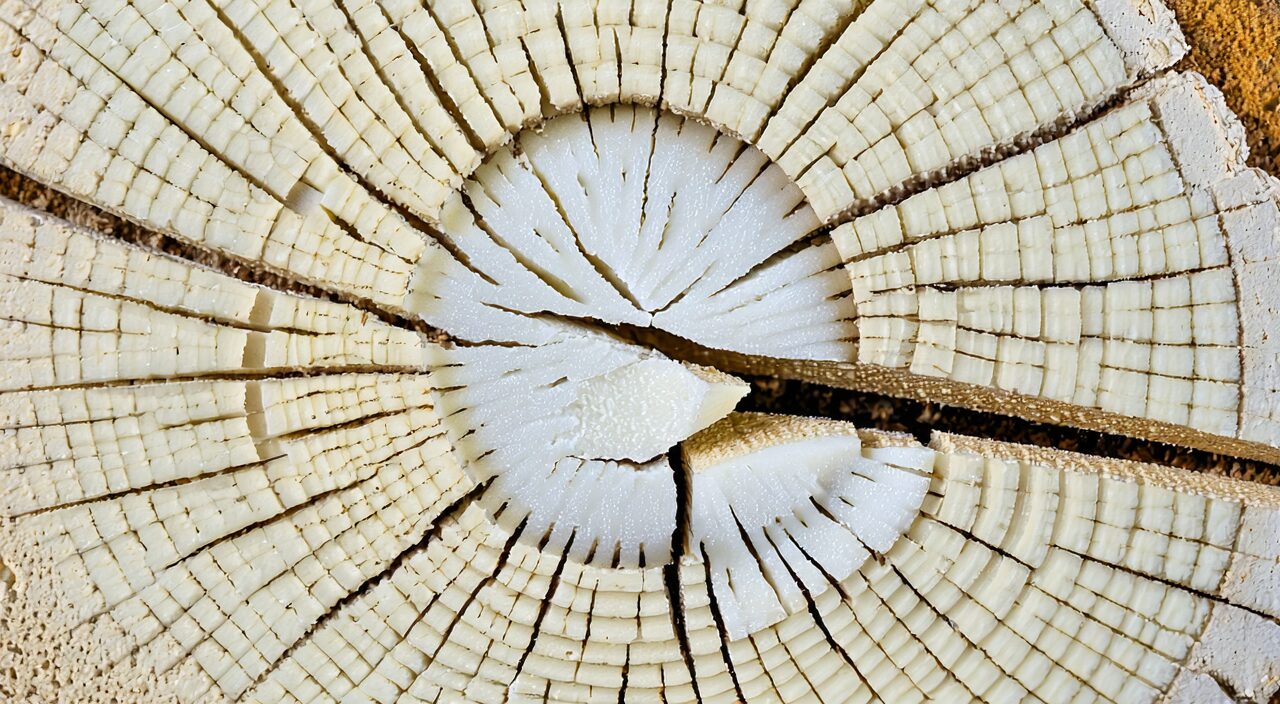Cross-sectional features of Tongcao: radial lines and soft, spongy texture.