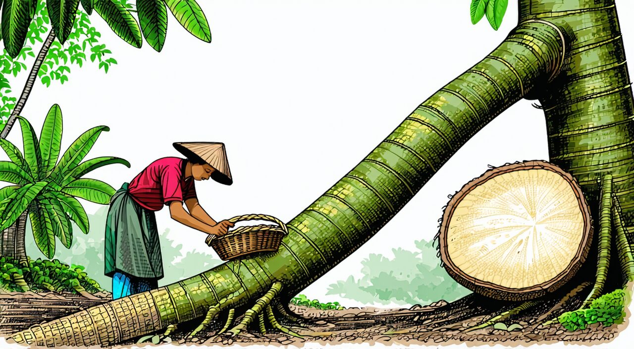 Harvesting and processing Tongcao: extracting the white stem pith from the Tetrapanax papyrifer stem.