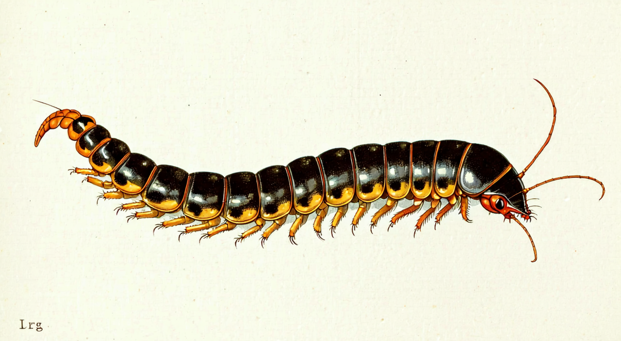 Illustration of centipede external features showing segmented body with one pair of legs per segment