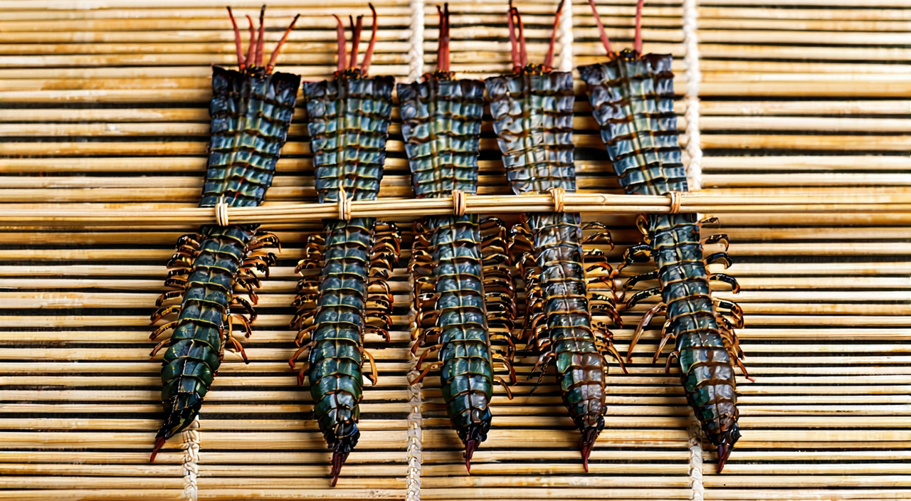Multiple dried centipede medicinal materials, straightened with bamboo splints, complete dried whole bodies