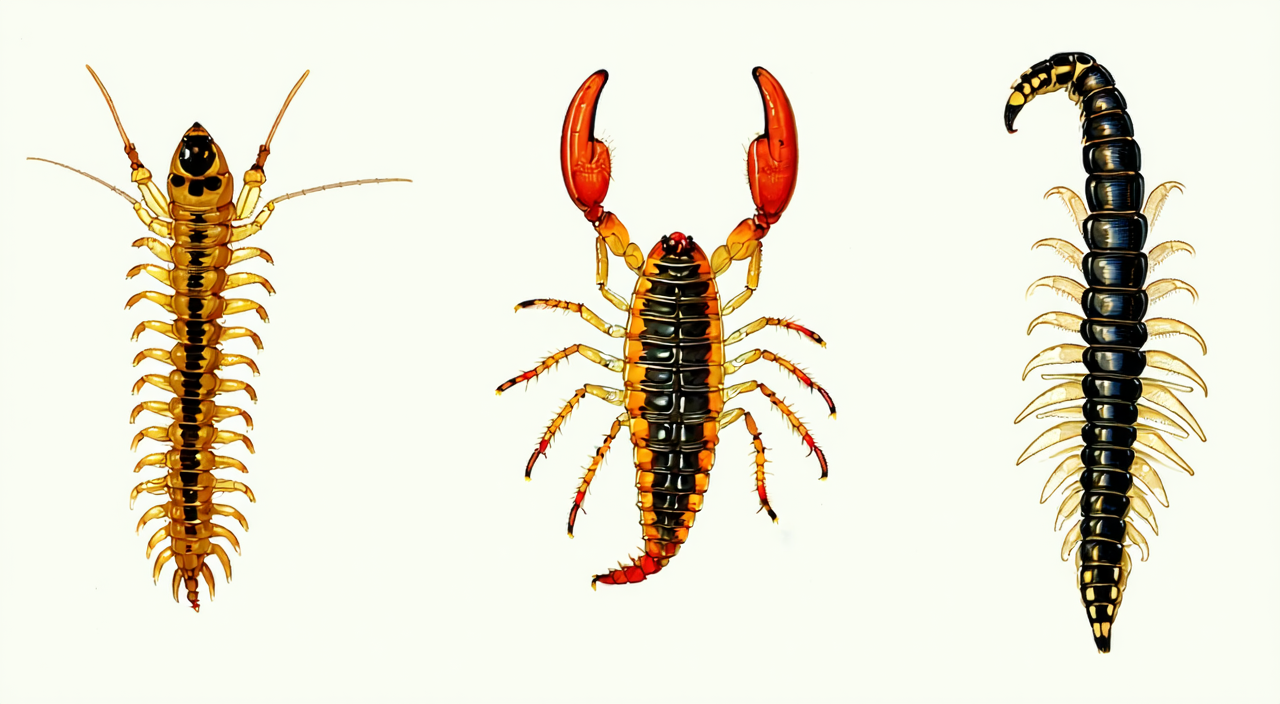 Comparative illustration of the morphology of centipede, scorpion, and millipede