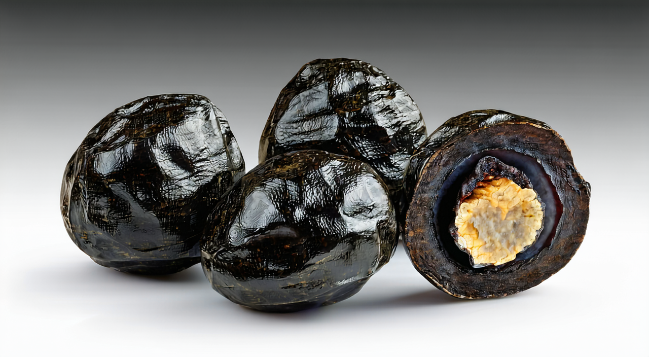 Close-up of dried Wu Mei, surface black and wrinkled, hard pit visible