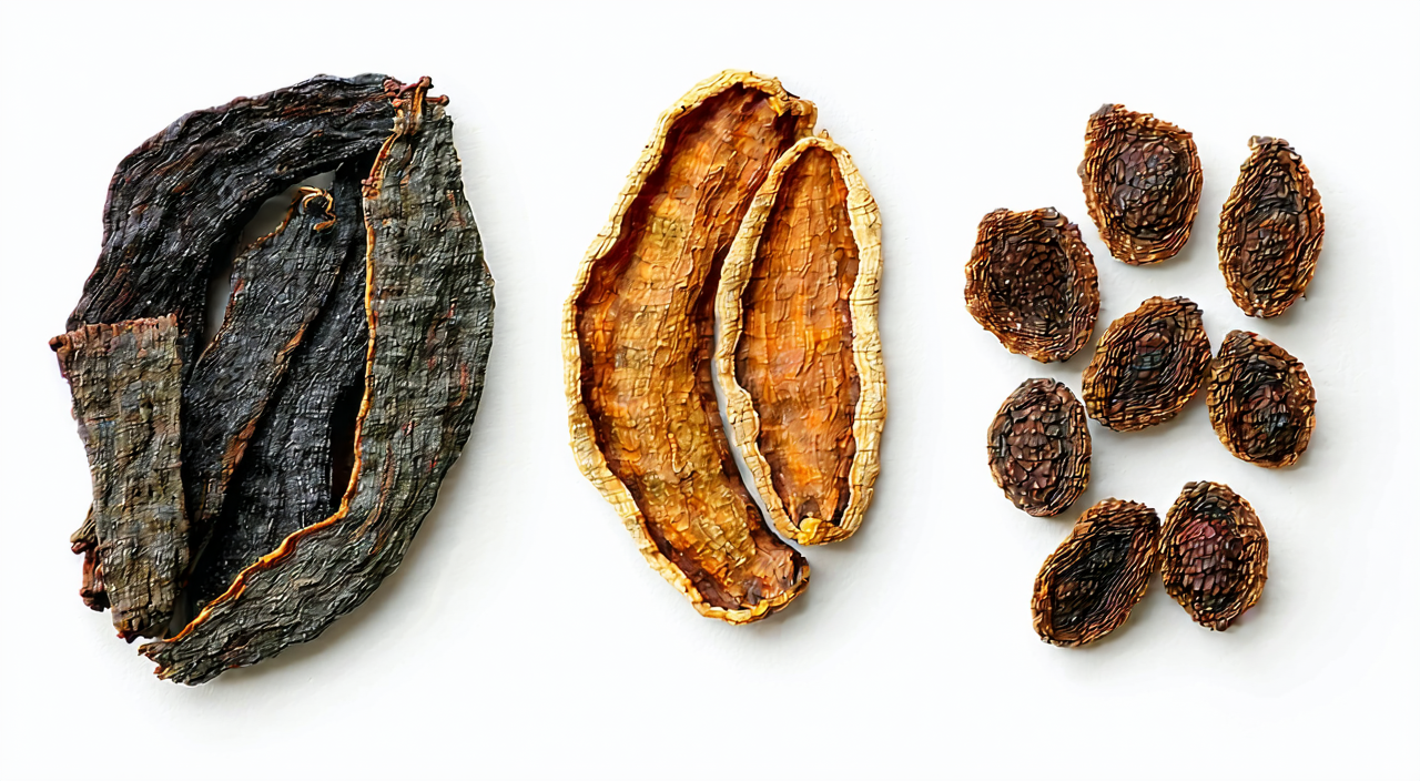 Dried herb comparison: from left to right, Wu Mei, hawthorn, chebule.